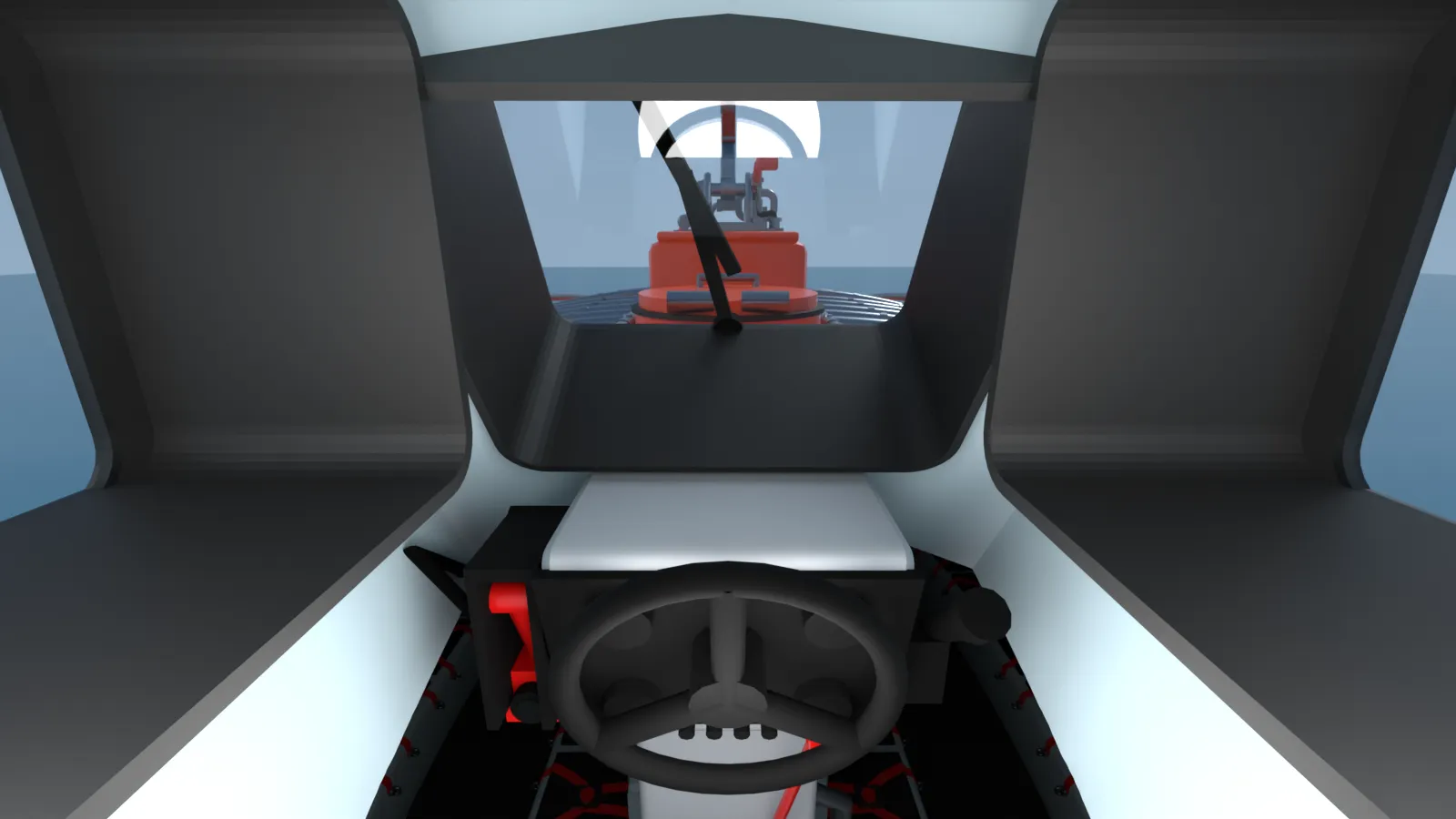 Render from the coxswain's seat looking out through the lifeboat wheelhouse window