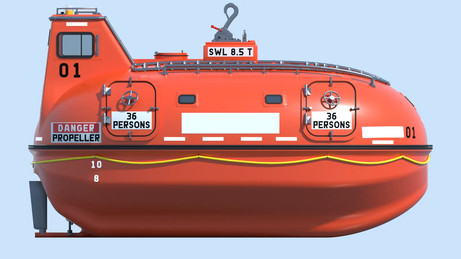 Side elevation render of the orange enclosed lifeboat